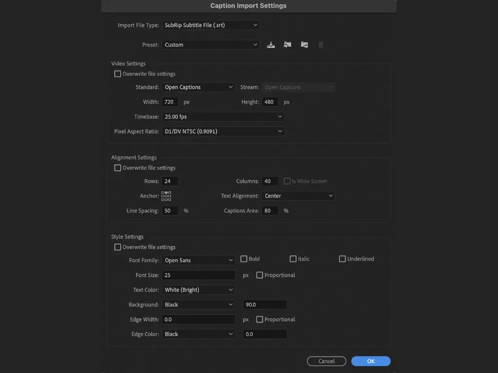 Caption import settings at Adobe Premiere Pro