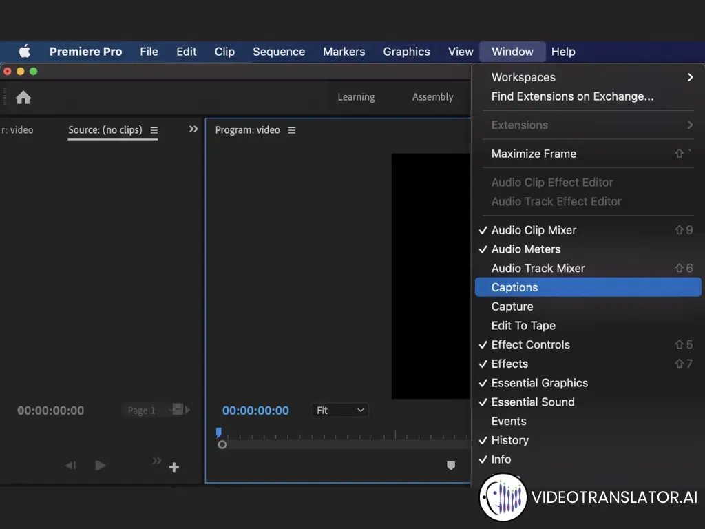 Click on the captions tab to edit your subtitle in Adobe Premiere Pro