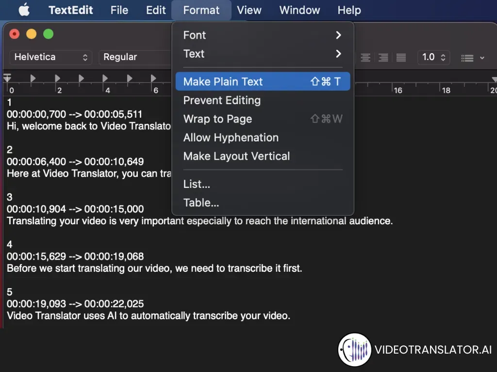 Make sure that you have set make plain text in TextEdit to make SRT file.