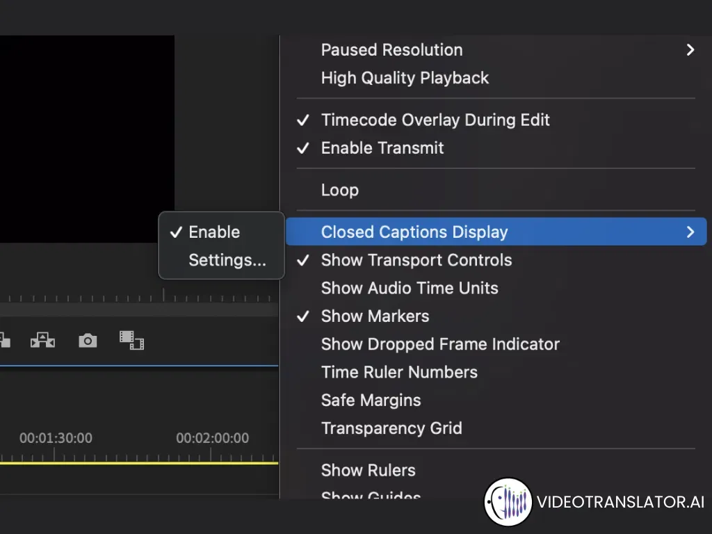 Make sure to enable closed captions display in Adobe Premiere Pro to have subtitle.webp