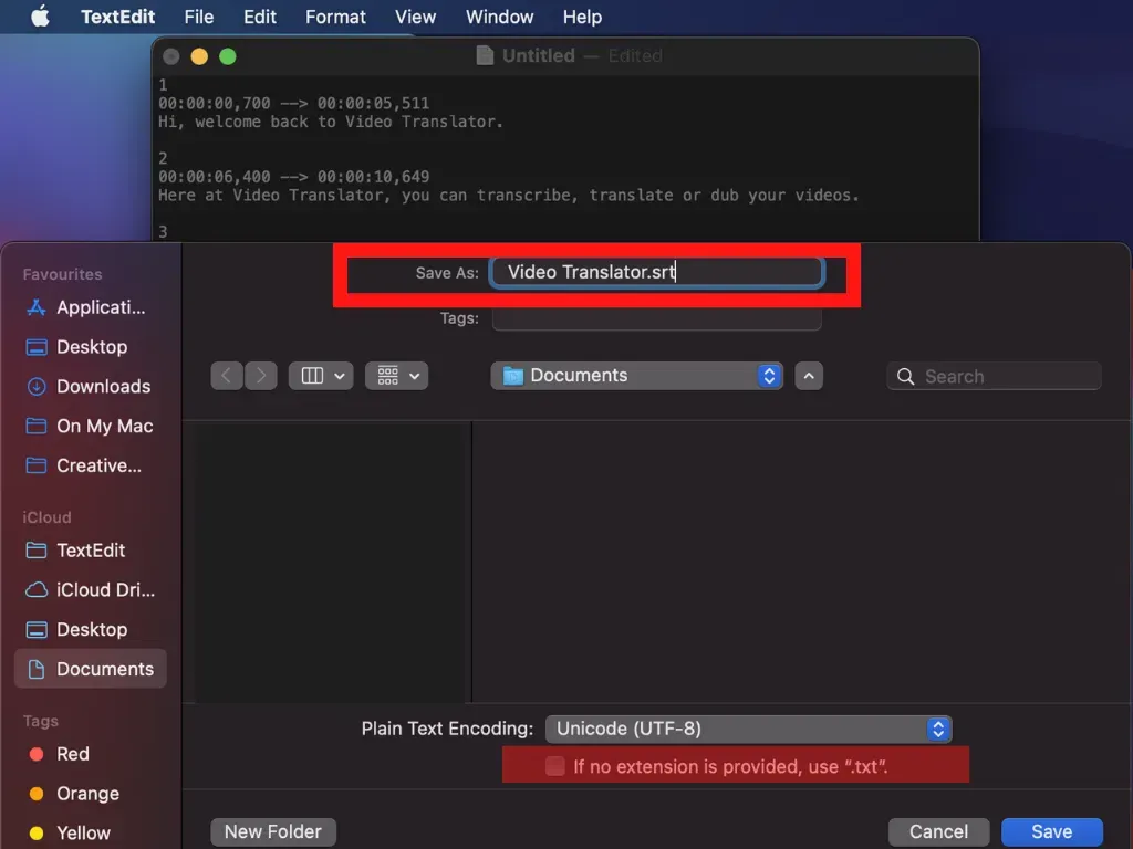 Saving your SRT file in TextEdit
