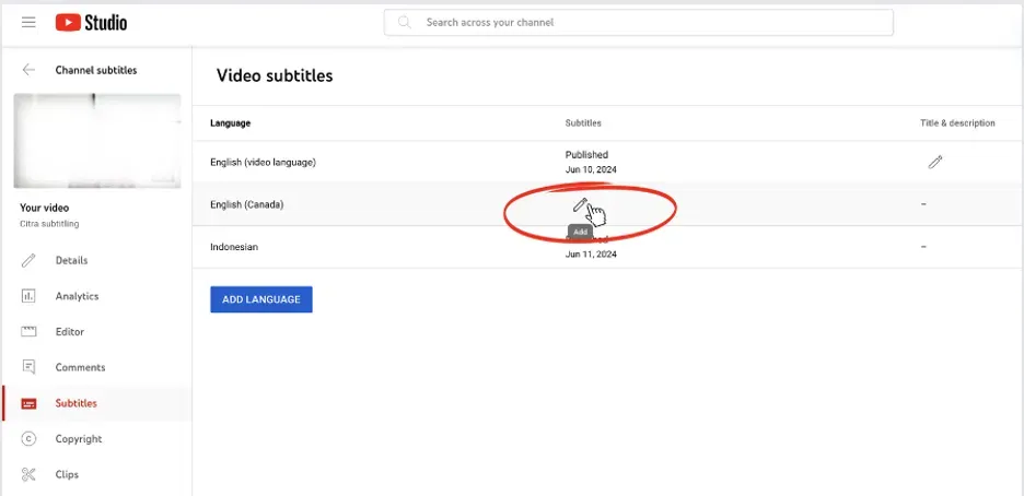 YouTube Studio - Add Subtitle.webp