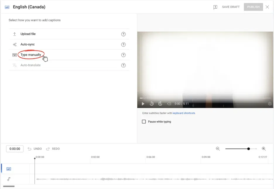 YouTube Studio - Type Subtitle Manually