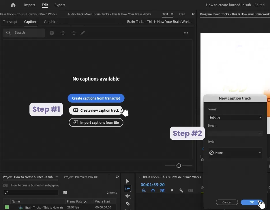 Create new caption track - Adobe Premiere Pro 2024