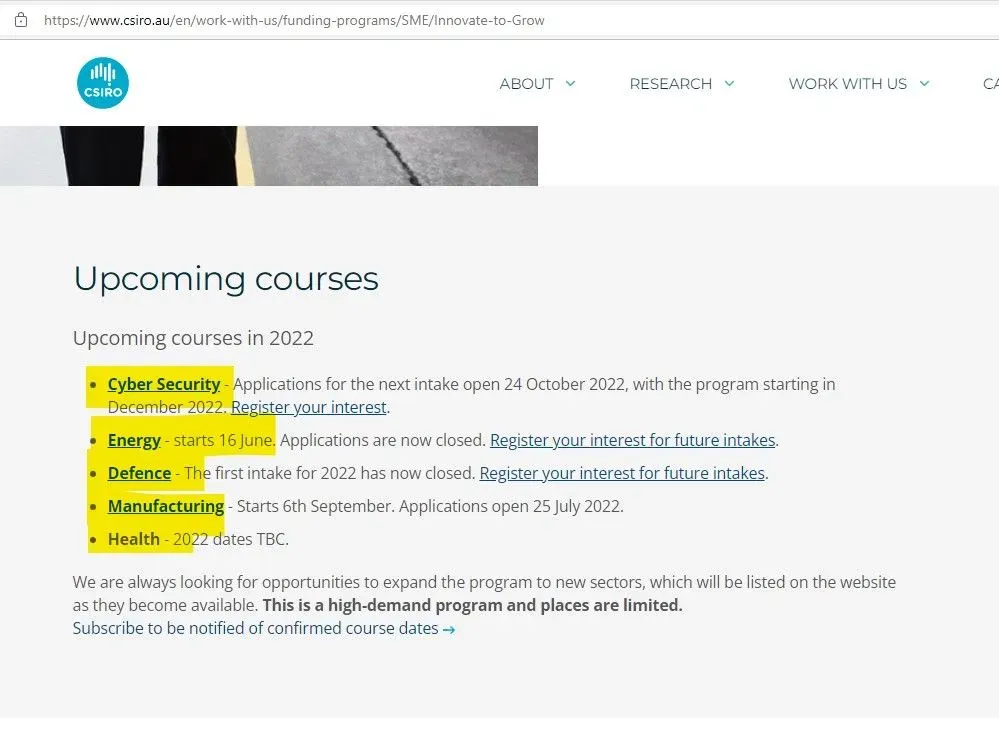 Upcoming course - CSIRO innnovate to grow 2022